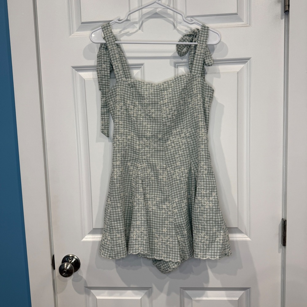Altar'd State Size Medium Sage Green Gingham Floral Embroidered Tie Strap Romper - Picture 2 of 9